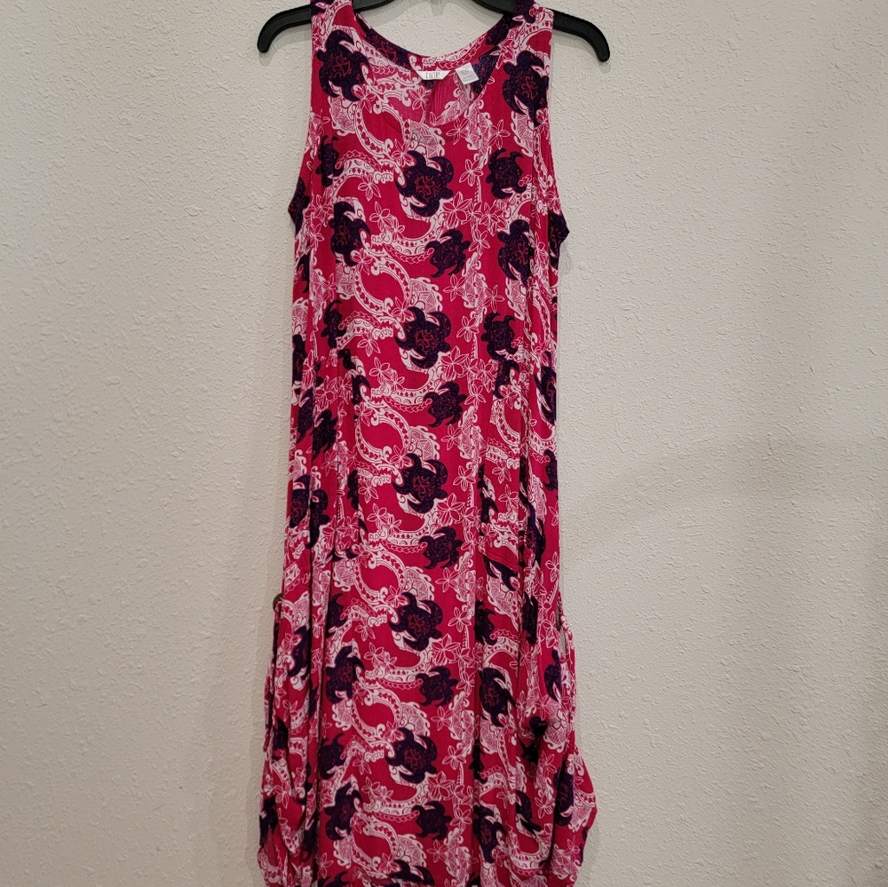 Kaktus Large Sleeveless Smocked Long Dress Pink Turtles Floral 100% Rayon.